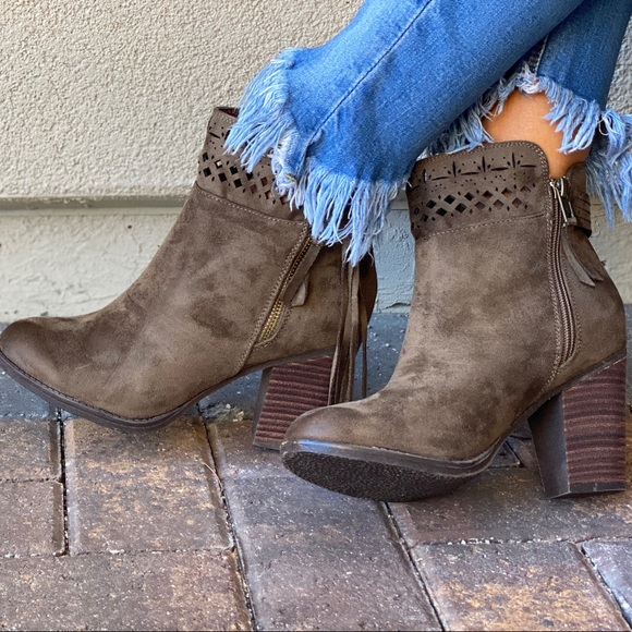 Military Green Fringe Laser Cut Block Heel Booties - Picture 7 of 10